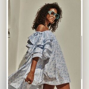 NEW CAROLINE CONSTAS Fiona Dress Blue Off the Shoulder High Low Ruffle M